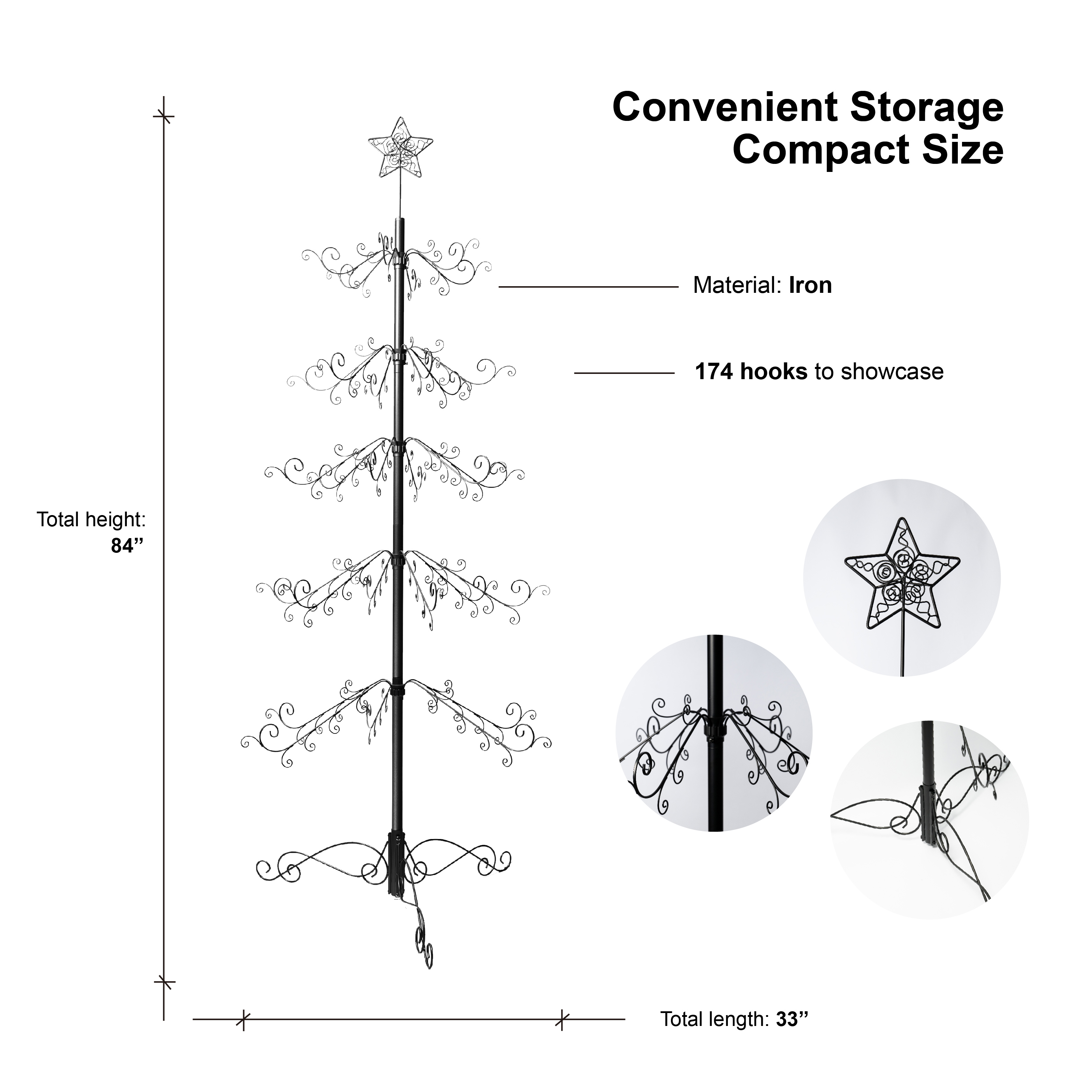HOHIYA 6.5 Feet Wrought Iron Christmas Tree Alternative Metal Ornament Display Stand with 174 Hooks Extra Large Floor Standing ECO Xmas Tree for Keepsake Collections Black